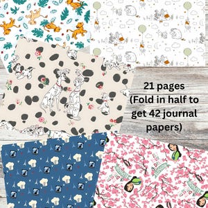 Puede incluir: Una colecci&oacute;n de papeles de diario estampados. Los dise&ntilde;os incluyen cachorros de le&oacute;n, perros d&aacute;lmatas, personajes de Winnie the Pooh, torres Eiffel y flores de cerezo con el texto "Let Your Dreams Blossom". El texto de la imagen dice "21 p&aacute;ginas (Doblar por la mitad para obtener 42 papeles de diario)".