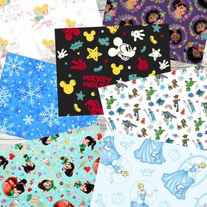 Puede incluir: Surtido de muestras de tela estampadas con varios personajes y dise&ntilde;os de dibujos animados. Incluye Campanilla, Mickey Mouse, princesas de Disney y personajes de Encanto y Toy Story. Los colores incluyen blanco, azul, negro y varios otros colores.