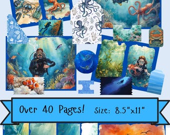 Kit de diario creativo sobre buceo y océano: Efímeros de acuarela, álbum de recortes (descarga digital, ¡más de 40 páginas!)