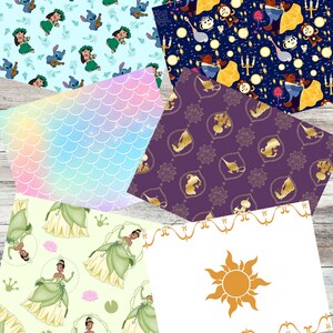 Puede incluir: Una colecci&oacute;n de papeles estampados con varios dise&ntilde;os. Los papeles presentan personajes de pel&iacute;culas de animaci&oacute;n, un patr&oacute;n de escamas de sirena y un dise&ntilde;o de sol. Los papeles est&aacute;n dispuestos sobre una superficie de vetas de madera clara.