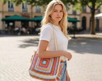 Handmade Crochet Granny Square Tote Bag, Colorful Boho Knit Bag, Summer Beach Bag, Large Shoulder Bag, Retro 70s Style Handmade Tote