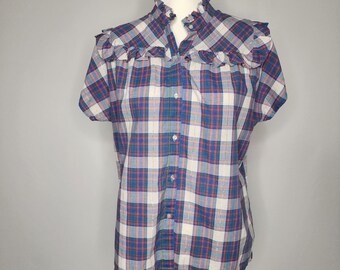 Vintage Blue Plaid Ruffled Button Up Shirt Women's Size Medium Large