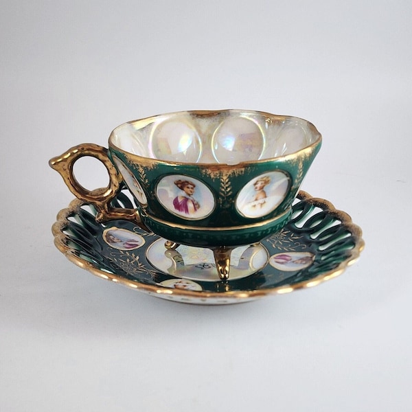 Vintage Royal Sealy Green Gold 3 Footed Cameo Lady Teacup & Saucer