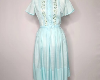 Vintage Blue Embroidered Belted Dress L' Aiglon