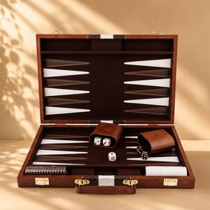 May include: An open backgammon board game set featuring a brown exterior case with gold-tone metal latches. The interior playing surface is lined in dark brown fabric with alternating white and dark brown triangular points, two dice cups, and dice.