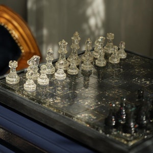 Resin Chessboard with Wood, Epoxy Chess Set for Board Games, Unique Chess Sets, Epoxy Chess Pieces and Chess Board set, Custom Chess Board