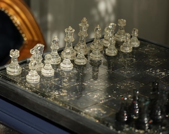 Epoxy Resin Chess Set: Black & White with Dark Wood Base