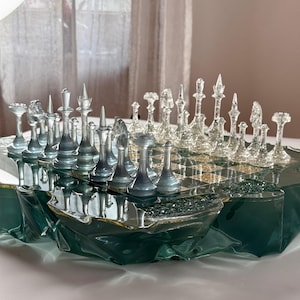 Handmade Resin Chess Set: Iceberg Design, Silver Accents