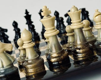 Marble Epoxy Resin Chess Set: Handmade Wood Board, Gift Box