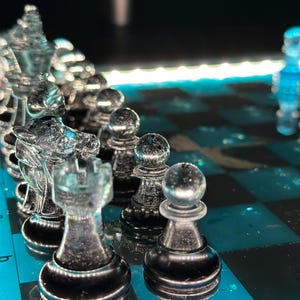 Epoxy Chess Set with LED Backlight, Handmade Chess Board with Backlight, Epoxy Resin Chess Pieces with Chess Board, Chess Set for Board Game