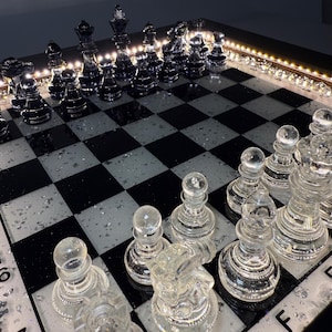 Epoxy Chess Set with LED Backlight, Epoxy Resin Chess Pieces with Chess Board, Handmade Chess Board with Backlight, Chess Set for Board Game