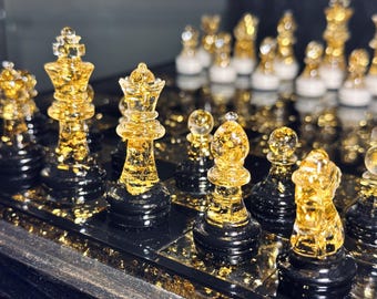 Handcrafted Epoxy Resin Chess Set, Black and Gold, Wood Base