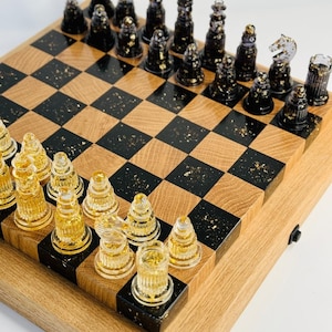 Handmade Illuminated Epoxy Resin Chess Set: Modern Wood Board