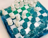 Unique Ocean Iceberg Resin Chess Set: Handmade Epoxy Chessboard