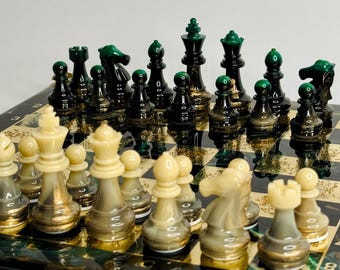 Marble Epoxy Resin Chess Set: Handmade Wood Board, Gift Box