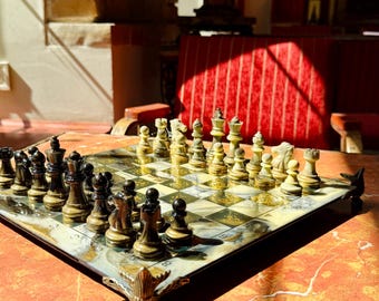 Marble Epoxy Resin Chess Set: Handmade Wood Board, Gift Сhess Board