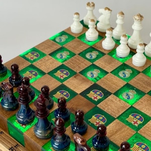 El Classico handmade illuminated chess set, LED epoxy resin chess, football chess, chess board, resin chess board, chess gifts, custom chess
