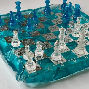 Handmade Resin Chess, Epoxy Chess Pieces and Chess Board set, Custom Unique Chess Sets, Custom Resin Chessboard, Transparent Epoxy Chess Set