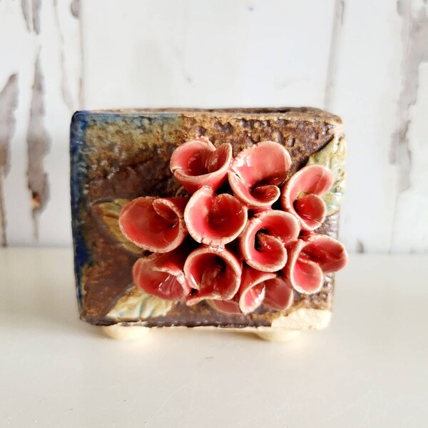 Hand Made Rectangular Ceramic Mini Planter with 3D Floral Details Proper Drainage for Cactus/Succulent