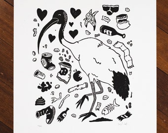 An Ibis in Love, a linocut print