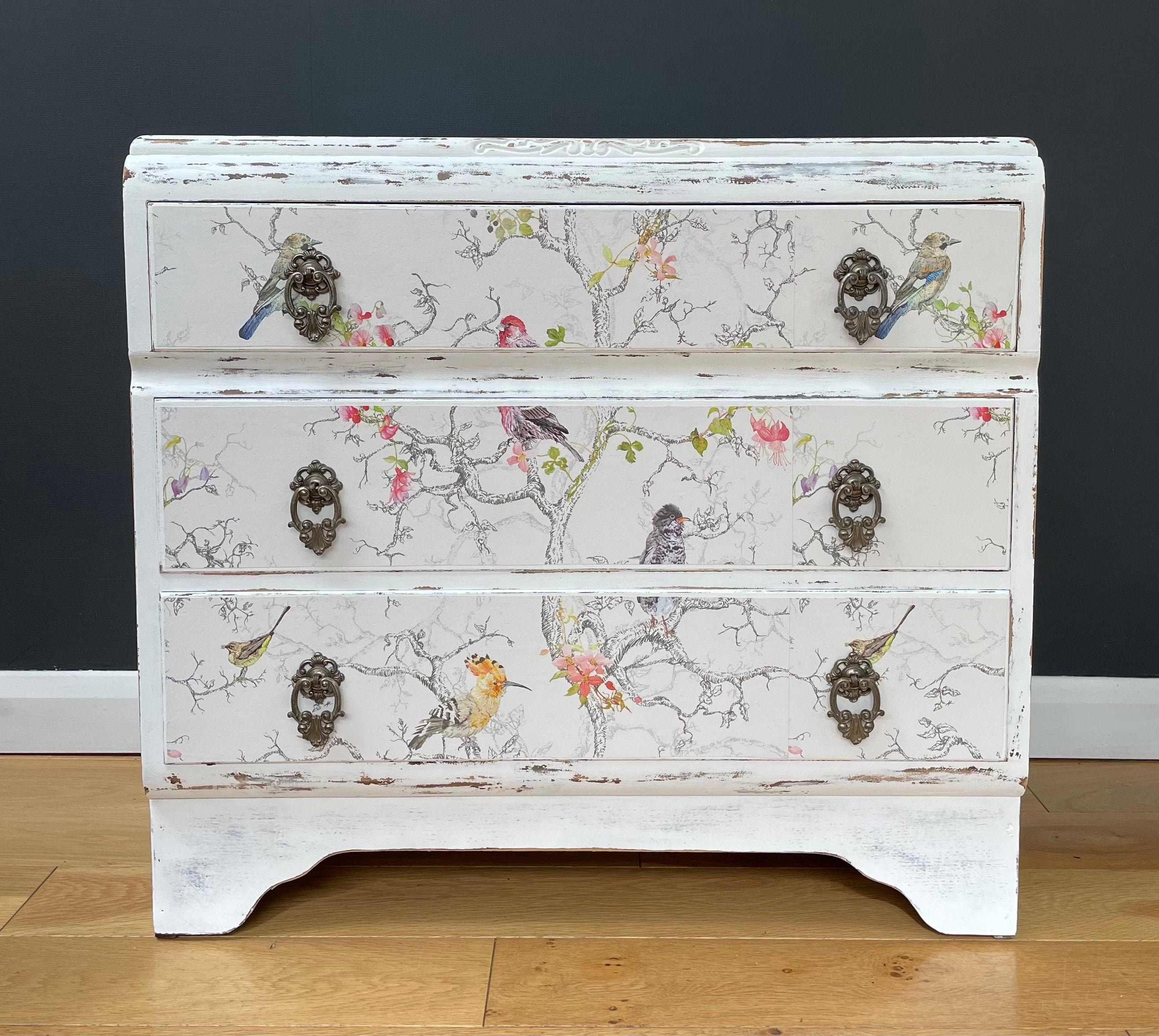Shabby chic white wooden chest of drawers upcycled in floral Etsy