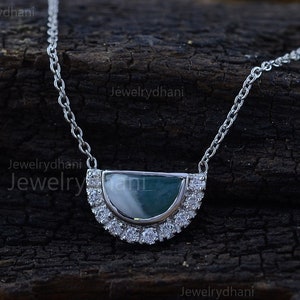 Genuine Half Round Moss Agate Diamond circle disc Pendant Necklace in Solid 14K Yellow Gold Charm Handmade Minimalist Jewelry Special Gift.