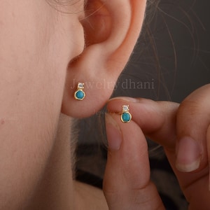 Natural Turquoise Diamond Tiny Stud Earrings, Solid 14K Yellow Gold Dainty Earrings, December Birthstone Earrings, Minimalist Gold Jewelry.