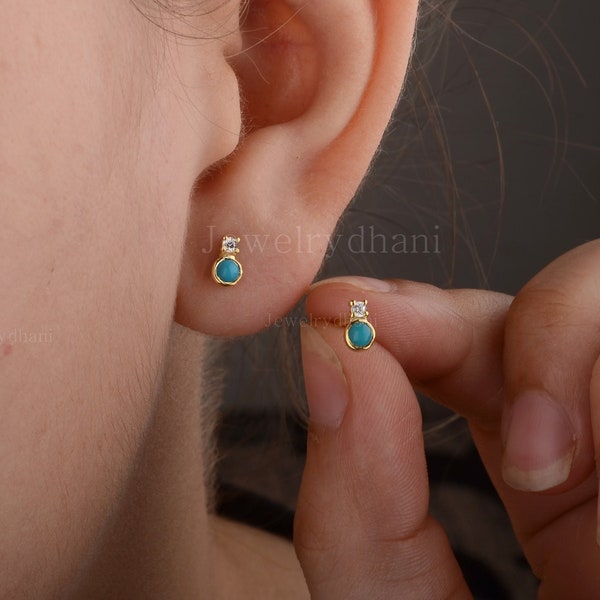 Natural Cabochon Turquoise Diamond Tiny Stud Earrings Solid 14K Yellow Gold December Birthstone Minimalist Fine Jewelry Special Gift for Her