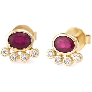 Ruby Gold Earrings, Diamond Stud Earrings, Solid 14K Yellow Gold Handmade Earrings, July Birthstone Earrings, Gift for Women, Handmade Gifts