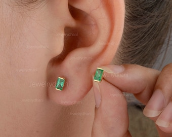 Emerald Stud Earrings: Handmade 14K Yellow Gold Minimalist Jewelry