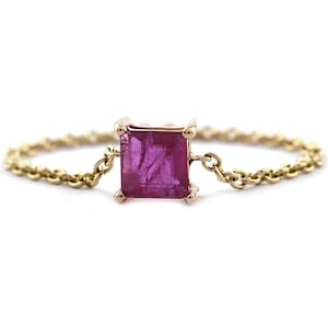 14k Solid Yellow Gold Ruby Chain Ring: Minimalist July Birthstone