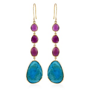 天然ターコイズとルビーのドロップ＆ダングルピアス、ソリッド14Kイエローゴールド製スレッダーフックピアス
