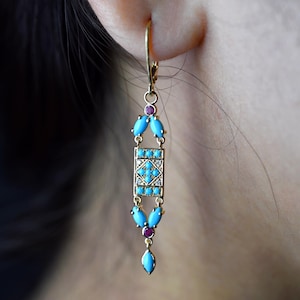 14K Gold Turquoise Ruby Diamond Charm Earrings: Fine Jewelry