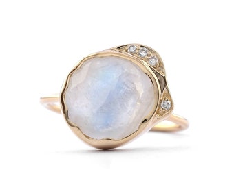 Unshaped Rainbow Natural Moonstone | SI Clarity G-H Color Diamonds Ring | Solid 14K Yellow Gold Ring | Valentine's Stackable Promise Ring