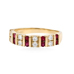 Solid 14K Yellow Gold Round Ruby Diamond Ring Handmade Half Eternity Band