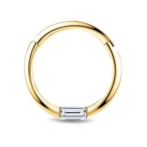 Genuine Baguette Diamond Hoop Earrings/ 14K Gold Clicker Piercing/  Single Piece Round Shape Clicker/ 18 G 1.2 MM Cartilage Clicker Hoops
