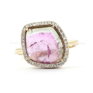 Genuine 2 Ct. Watermelon Tourmaline Ring Real SI G-H Diamond 14K Solid Yellow Gold Gemstone Ring Minimalist Fine Jewelry Mother&#39;s Day Gift