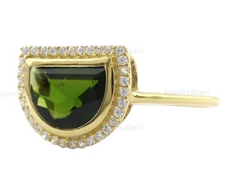Genuine  Green Tourmaline Engagement Wedding Ring 14k Solid Yellow Gold Green Gemstone Engagement Ring Natural Diamond Wedding Ring Jewelry