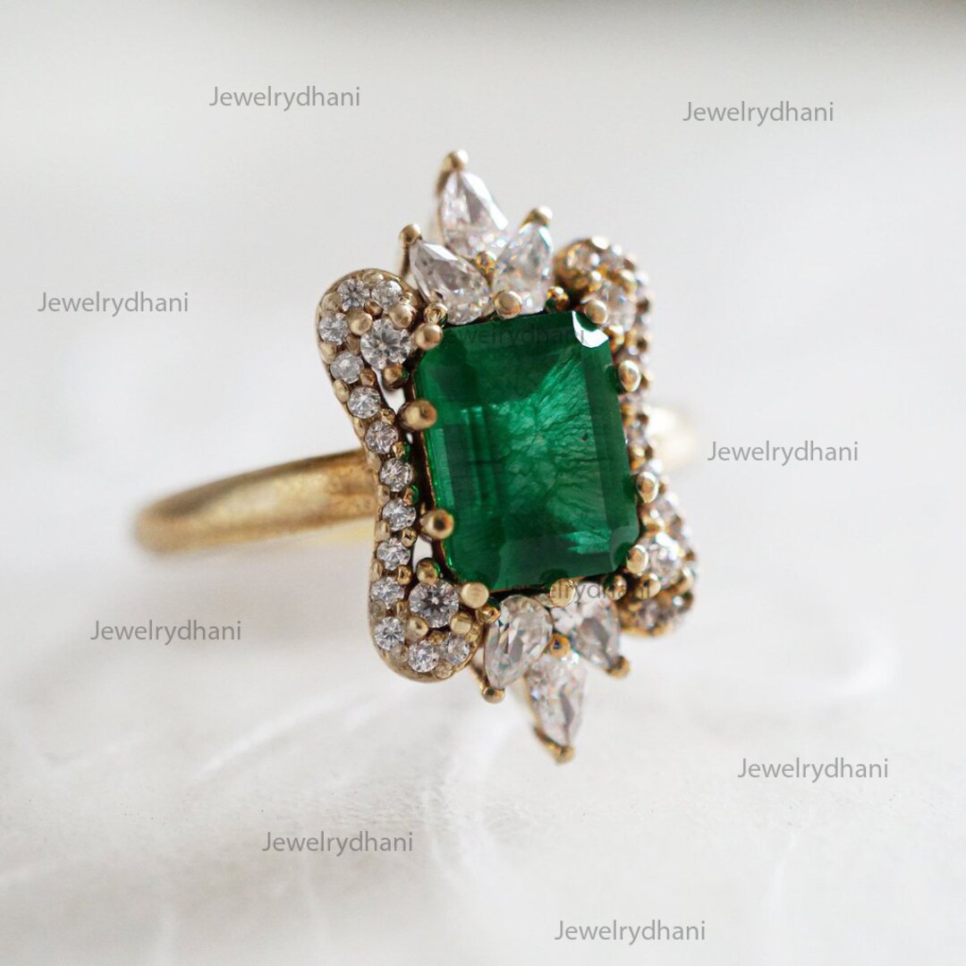 Solid 14K Yellow Gold Emerald Engagement Ring Pave Diamond - Etsy