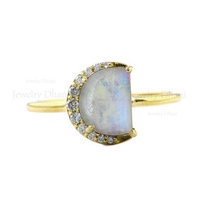 Diamond Moon Ring: 14K Gold Rainbow Moonstone Art Deco Wedding Ring