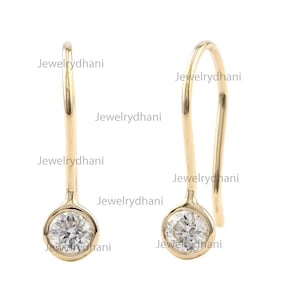 Solitaire SI Clarity G-H Color Diamond Ear Wire Earrings, Solid 14K Yellow Gold Dangal Drop Earring Engagement Wedding Jewelry Gift for Her.