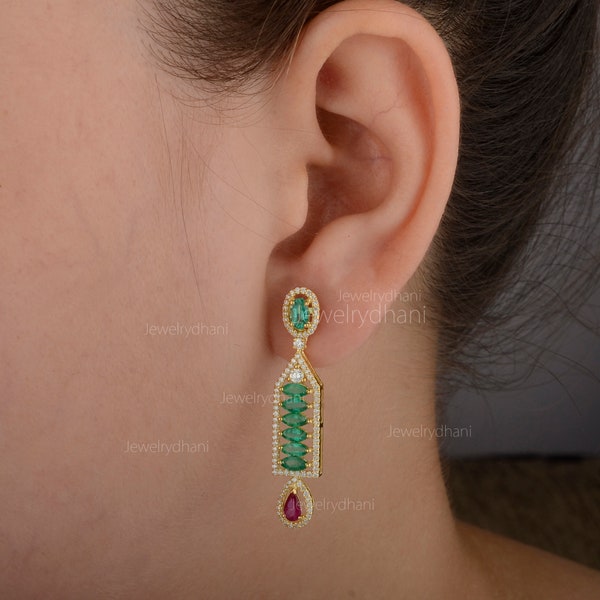 Chandelier Cascade Drop Earrings | Diamond-Ruby-Emerald | 14K Yellow Gold | Dangle Long Linear Earrings | Valentine's Gifts Pair Jewelry