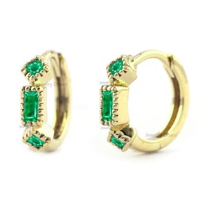 Natural Zambia Emerald Hoop Earrings, Round & Baguette Emerald Earrings, 14K Gold Small Hoop Earrings, May Birthstone, Valentine's Gifts