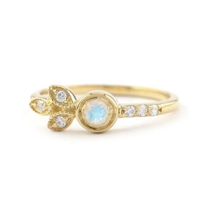 14K Gold Rainbow Moonstone Ring: Diamond Leaf Floral Promise Ring