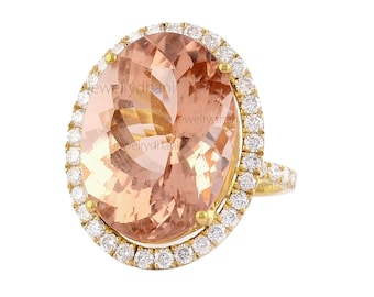 Dainty Oval Morganite Diamond Ring: 14K Yellow Gold Vintage Engagement
