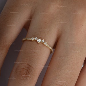 Genuine Diamond Delicate Wedding Band Ring Solid 14/18K Yellow Gold Minimalist Anniversary Gift Promise Dainty Ring Handmade Jewelry Gift