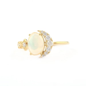 Crescent Opal Moon Star Diamond Ring - 14K Yellow Gold