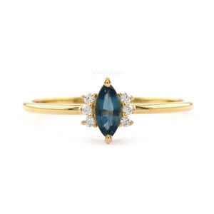 Genuine Marquise Blue Sapphire Ring/ 14K Gold Sapphire Diamond Ring/ Pave Diamond Engagement Ring/ September Birthstone Rings For Women
