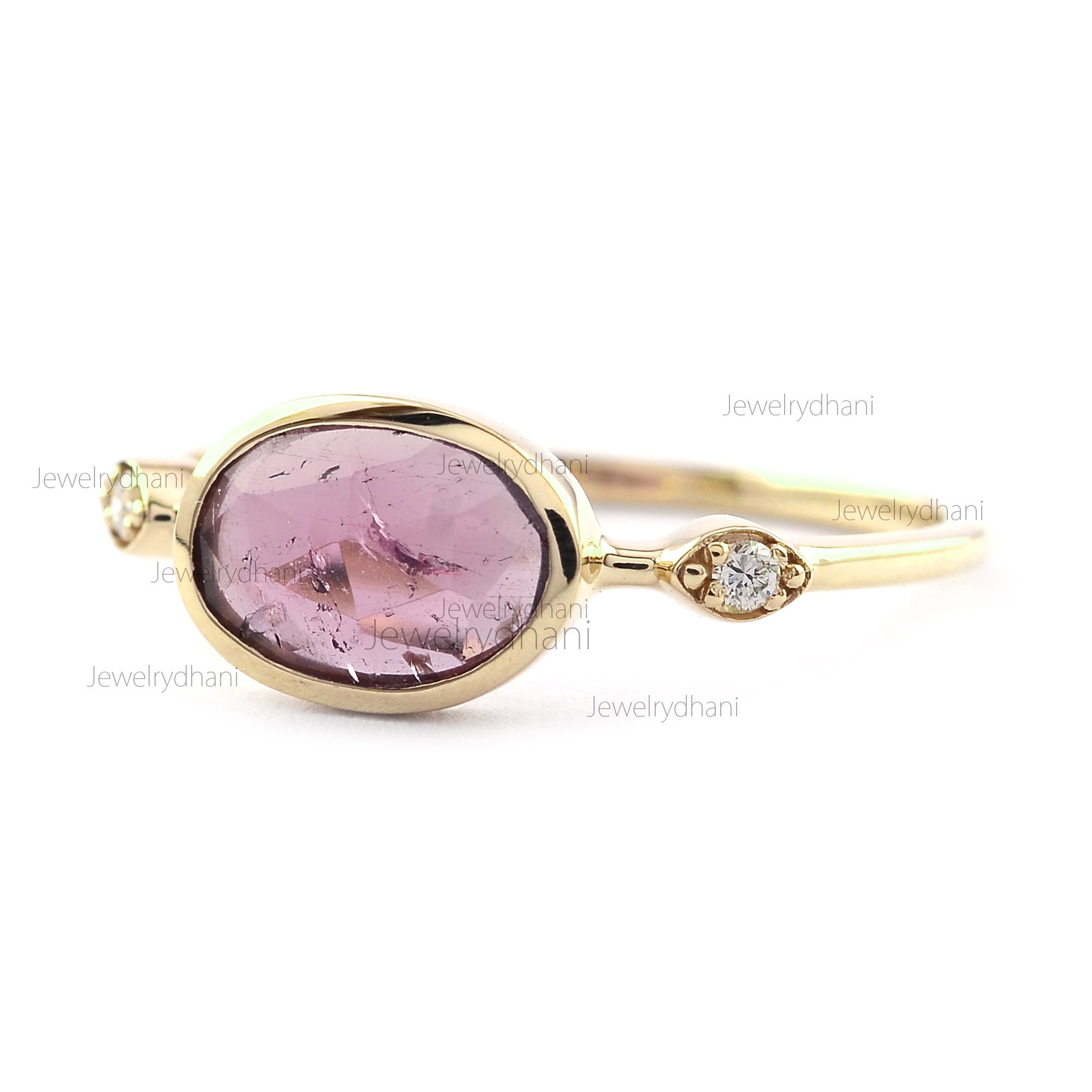 Genuine Pink Tourmaline Gemstone Wedding Band Ring in Solid 14k Yellow Gold Handmade Minimalist Jewelry 