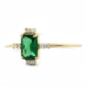 14k Solid Gold Baguette Emerald Ring: May Birthstone Diamond Ring